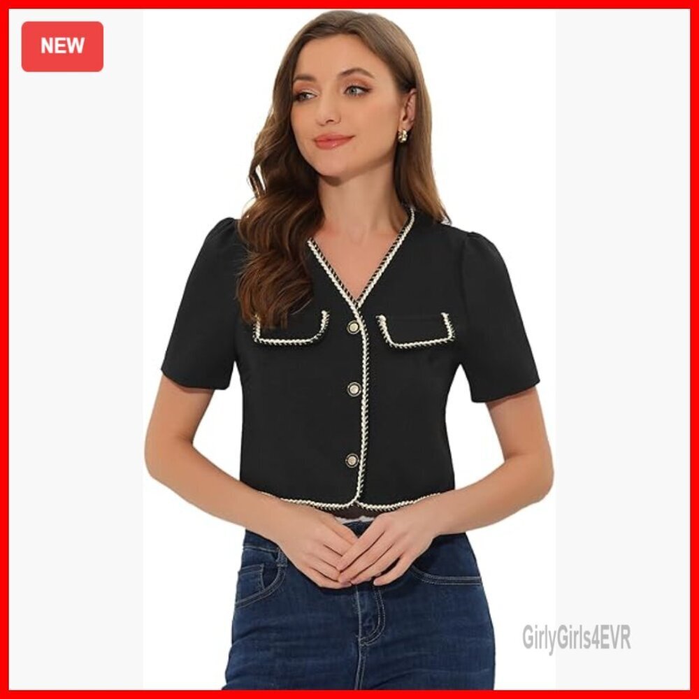 Cropped Tweed Blazer Collarless Short Sleeve Women's Office Casual